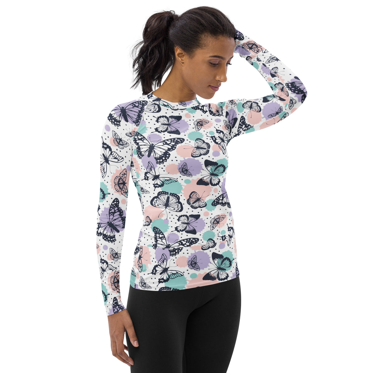 Women's Pastel Butterfly Long Sleeve Rash Guard Swim Shirt – Buttery Soft, Sun Safe UPF 50+ Protection, Quick Dry & 4-Way Stretch Comfort
