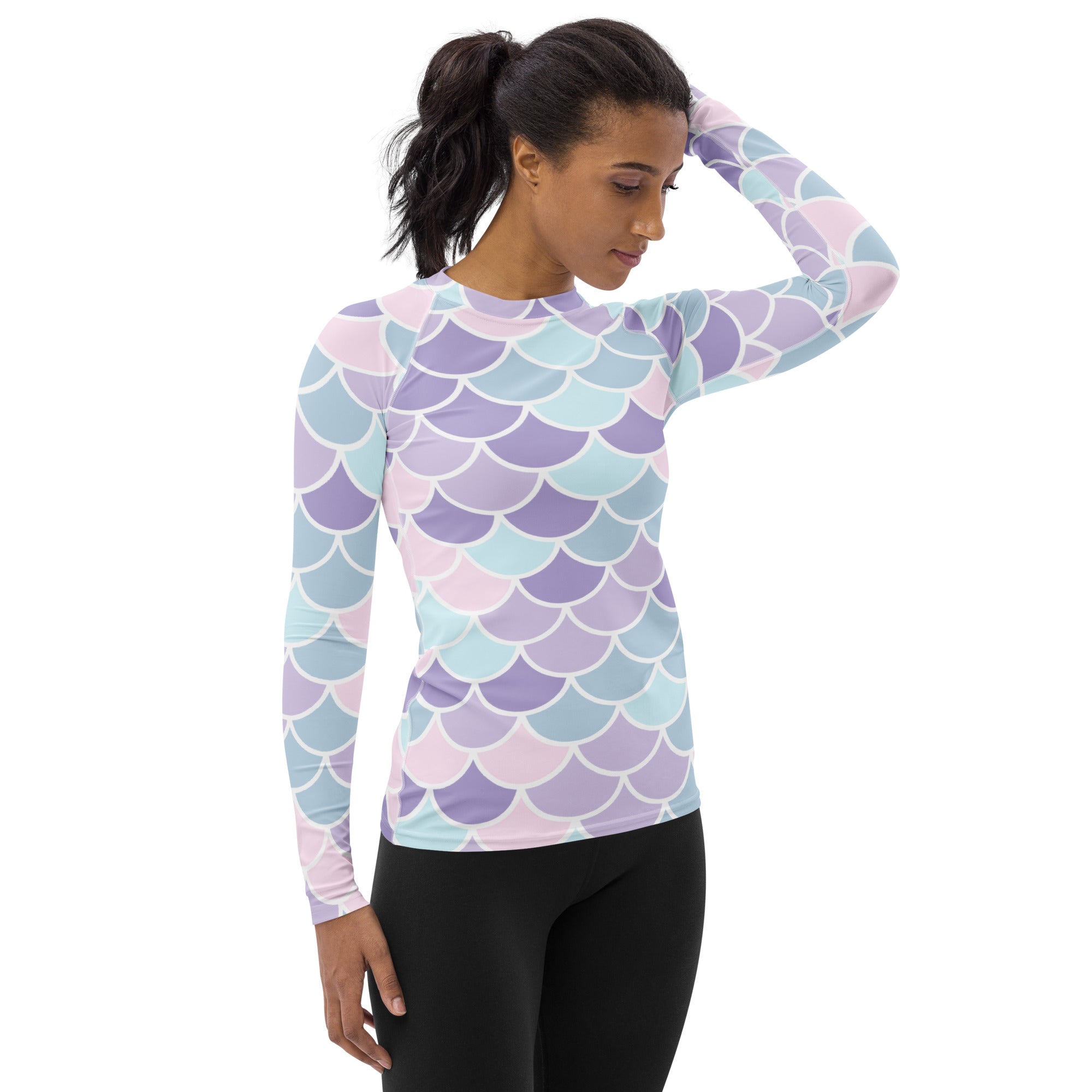 Women's Purple Mermaid Scale Long Sleeve Rash Guard Swim Shirt – Buttery Soft, Sun Safe UPF 50+ Protection, Quick Dry & 4-Way Stretch Comfort