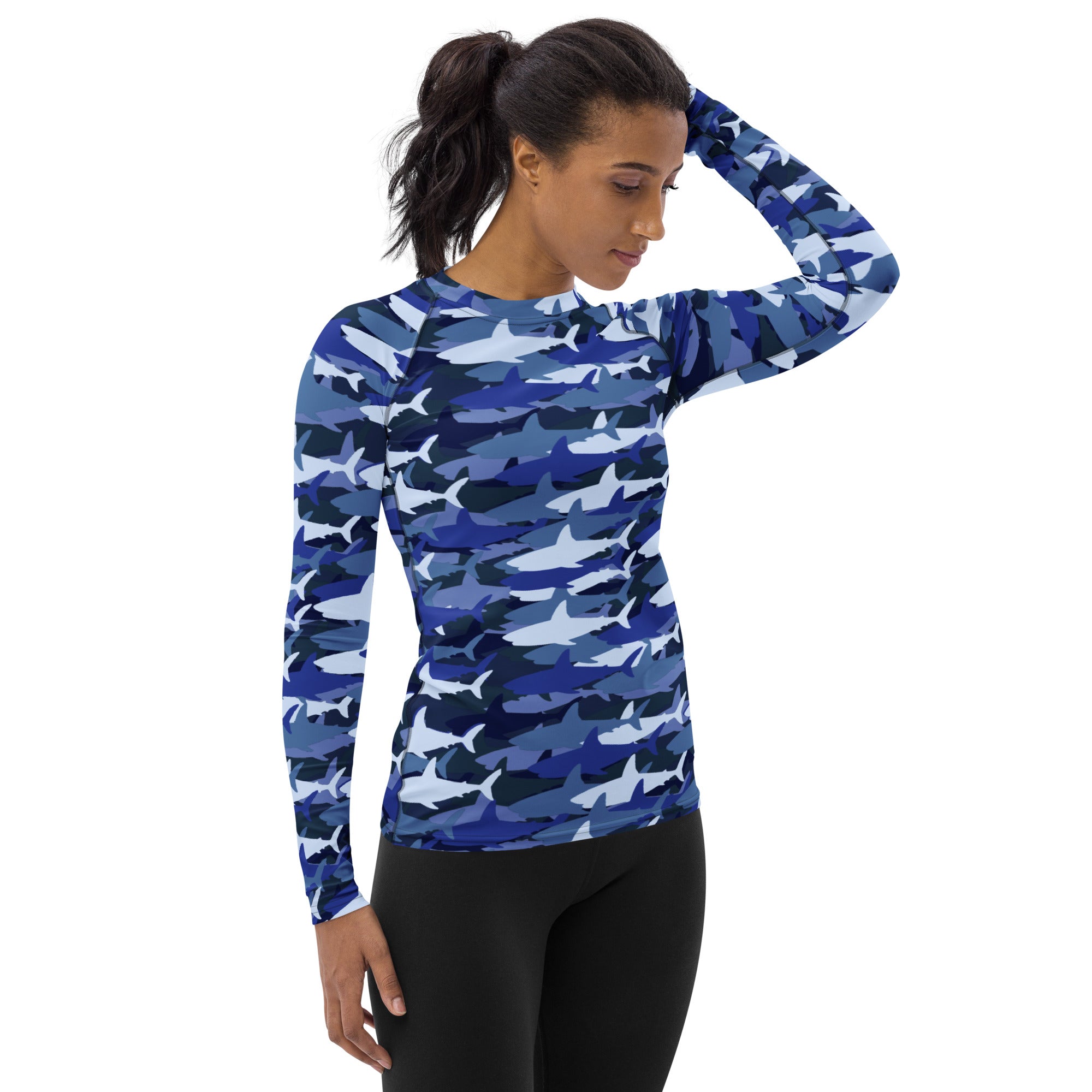 Women's Blue Shark Camouflage Long Sleeve Rash Guard Swim Shirt – Buttery Soft, Sun Safe UPF 50+ Protection, Quick Dry & 4-Way Stretch Comfort