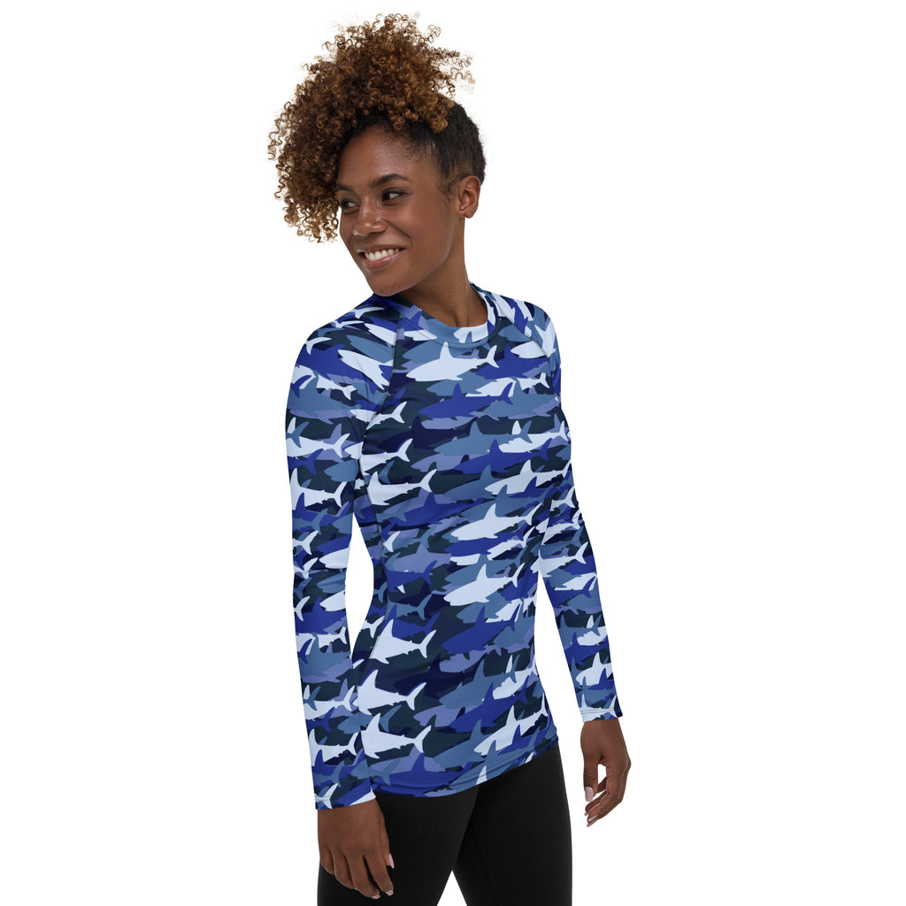 Women's Blue Shark Camouflage Long Sleeve Rash Guard Swim Shirt – Buttery Soft, Sun Safe UPF 50+ Protection, Quick Dry & 4-Way Stretch Comfort