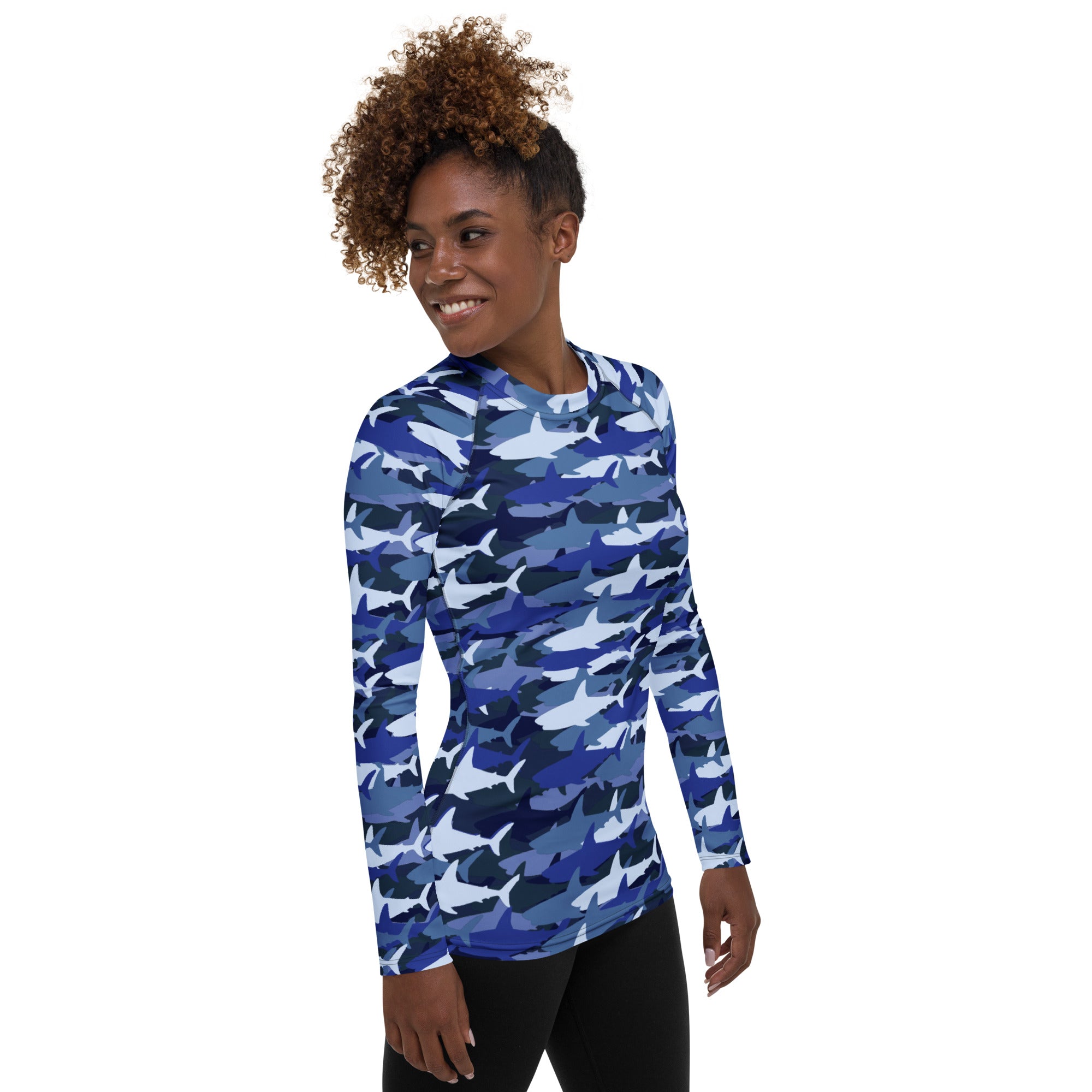Women's Blue Shark Camouflage Long Sleeve Rash Guard Swim Shirt – Buttery Soft, Sun Safe UPF 50+ Protection, Quick Dry & 4-Way Stretch Comfort