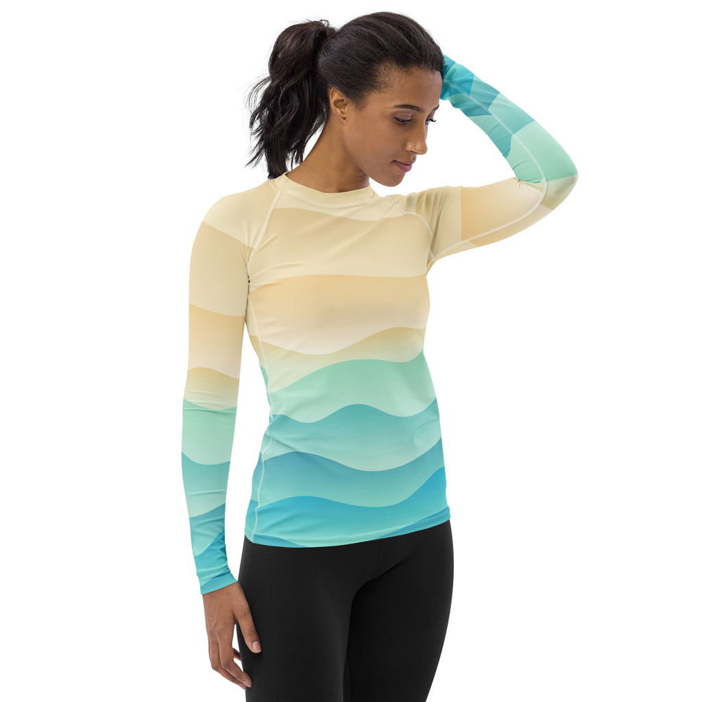 Women's Sand & Ocean Waves Long Sleeve Rash Guard Swim Shirt – Buttery Soft, Sun Safe UPF 50+ Protection, Quick Dry & 4-Way Stretch Comfort
