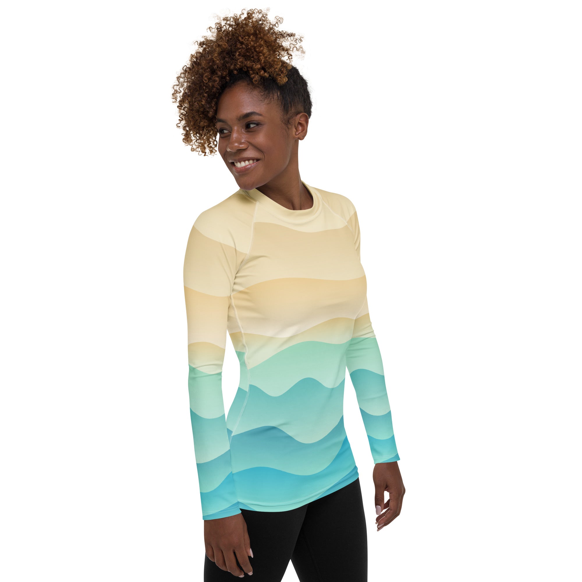 Women's Sand & Ocean Waves Long Sleeve Rash Guard Swim Shirt – Buttery Soft, Sun Safe UPF 50+ Protection, Quick Dry & 4-Way Stretch Comfort