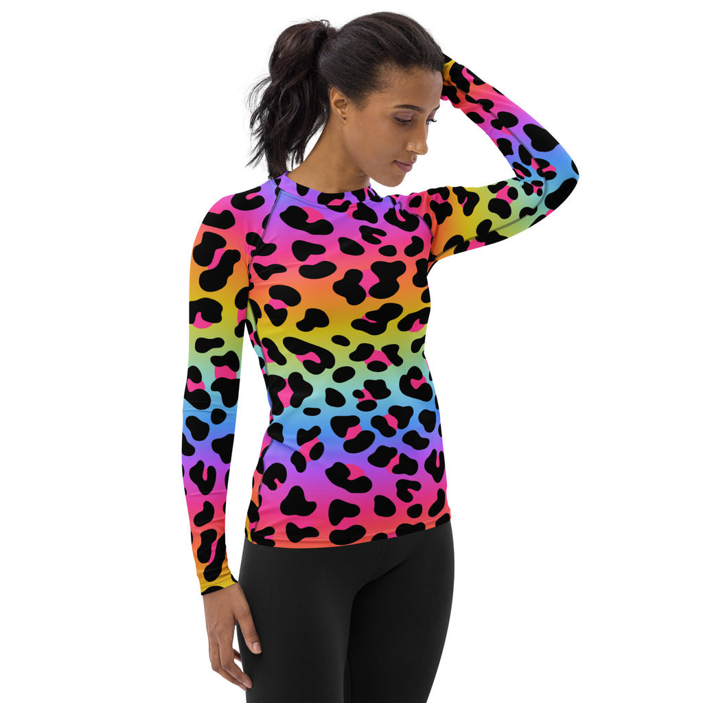 Women's Rainbow Leopard Long Sleeve Rash Guard Swim Shirt – Buttery Soft, Sun Safe UPF 50+ Protection, Quick Dry & 4-Way Stretch Comfort