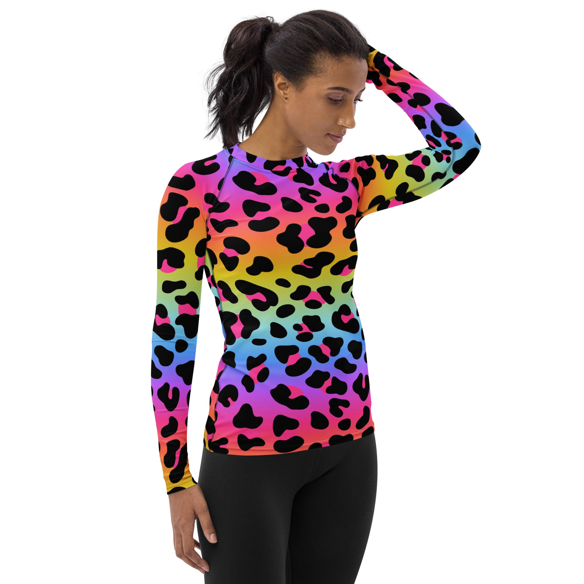 Women's Rainbow Leopard Long Sleeve Rash Guard Swim Shirt – Buttery Soft, Sun Safe UPF 50+ Protection, Quick Dry & 4-Way Stretch Comfort