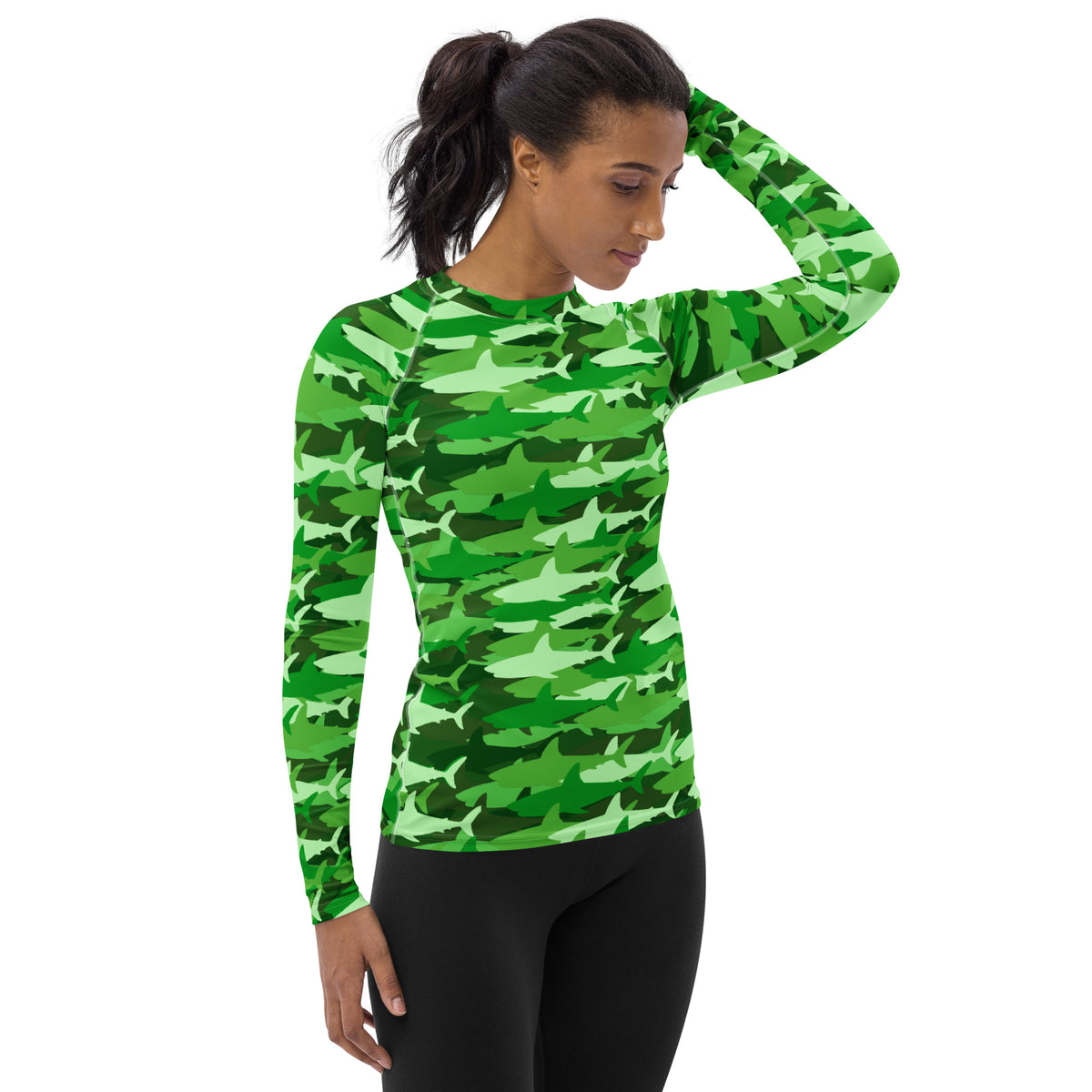 Women's Green Shark Camouflage Long Sleeve Rash Guard Swim Shirt – Buttery Soft, Sun Safe UPF 50+ Protection, Quick Dry & 4-Way Stretch Comfort