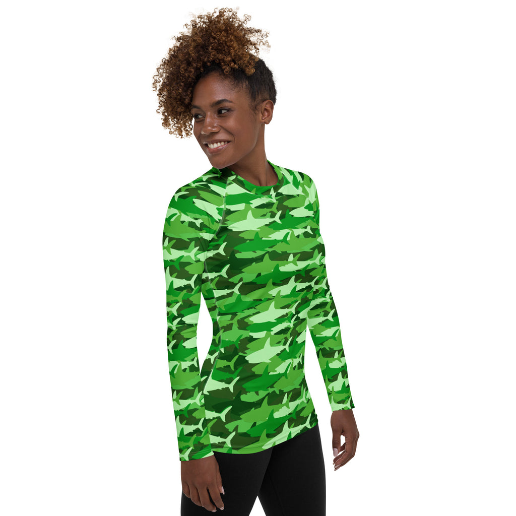 Women's Green Shark Camouflage Long Sleeve Rash Guard Swim Shirt – Buttery Soft, Sun Safe UPF 50+ Protection, Quick Dry & 4-Way Stretch Comfort