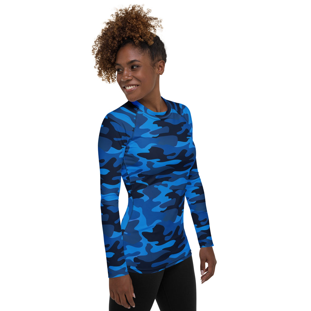Women's Blue Camouflage Long Sleeve Rash Guard Swim Shirt – Buttery Soft, Sun Safe UPF 50+ Protection, Quick Dry & 4-Way Stretch Comfort
