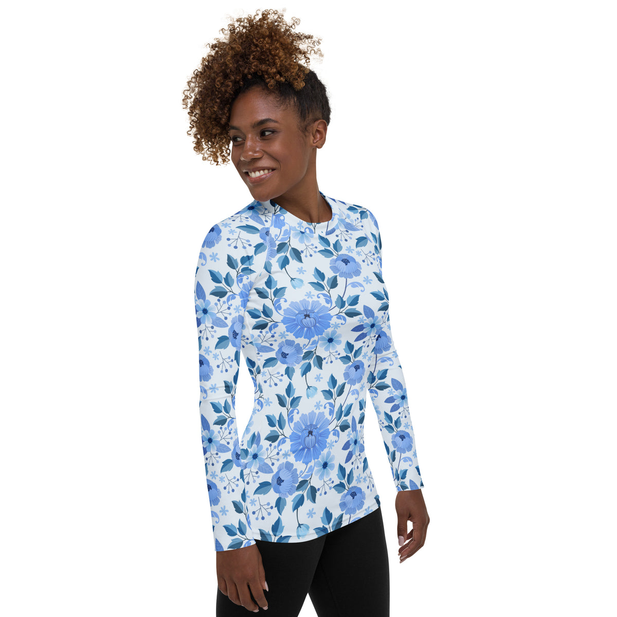 Women's Blue Floral Long Sleeve Rash Guard Swim Shirt – Buttery Soft, Sun Safe UPF 50+ Protection, Quick Dry & 4-Way Stretch Comfort