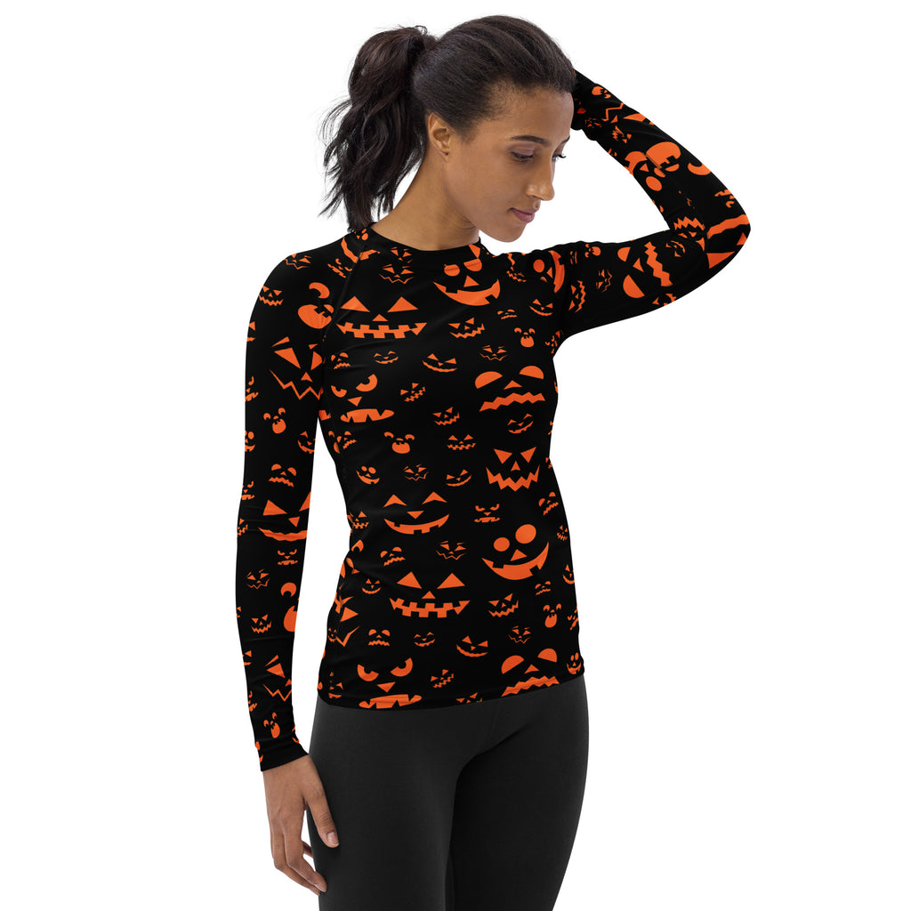 Women's Orange Jack O’ Lantern Long Sleeve Rash Guard Swim Shirt – Buttery Soft, Sun Safe UPF 50+ Protection, Quick Dry & 4-Way Stretch Comfort
