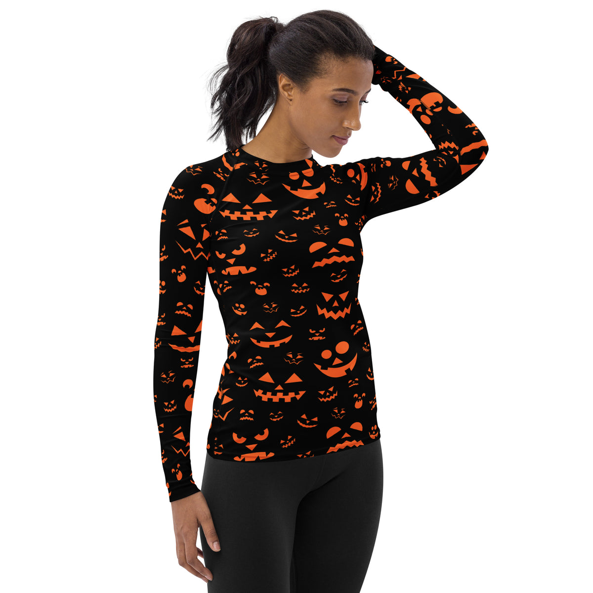 Women's Orange Jack O’ Lantern Long Sleeve Rash Guard Swim Shirt – Buttery Soft, Sun Safe UPF 50+ Protection, Quick Dry & 4-Way Stretch Comfort