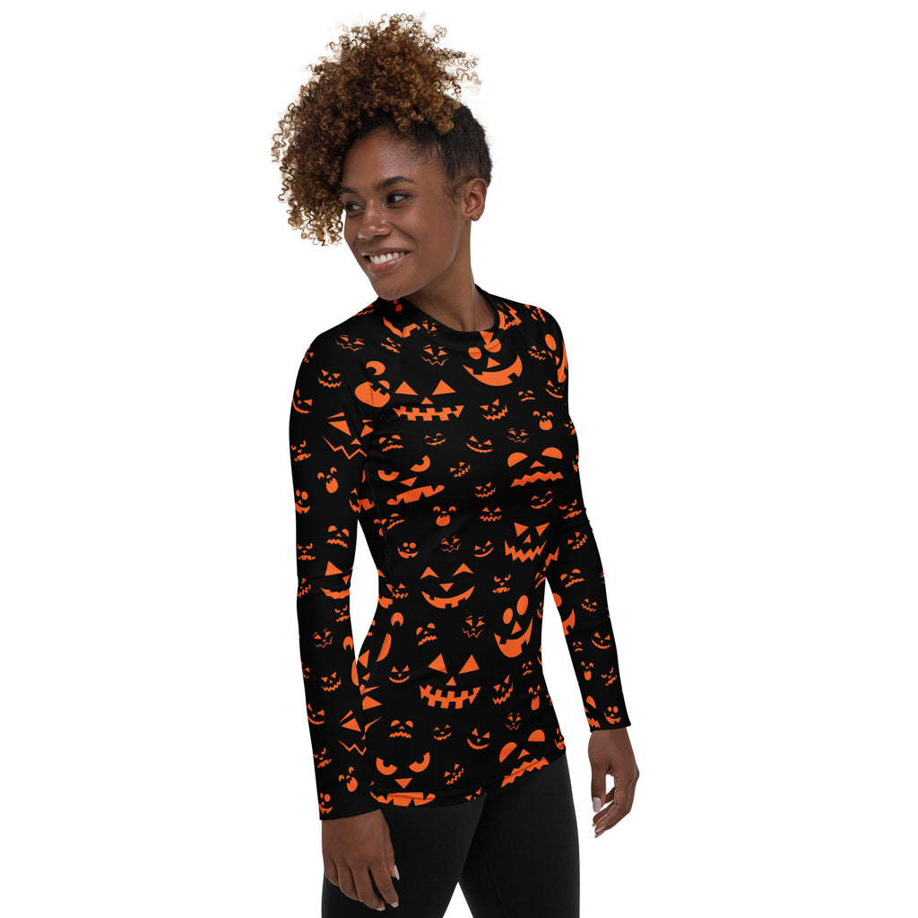 Women's Orange Jack O’ Lantern Long Sleeve Rash Guard Swim Shirt – Buttery Soft, Sun Safe UPF 50+ Protection, Quick Dry & 4-Way Stretch Comfort