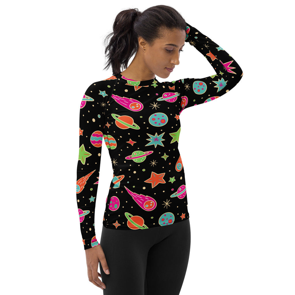 Women's Retro Neon Space Long Sleeve Rash Guard Swim Shirt – Buttery Soft, Sun Safe UPF 50+ Protection, Quick Dry & 4-Way Stretch Comfort