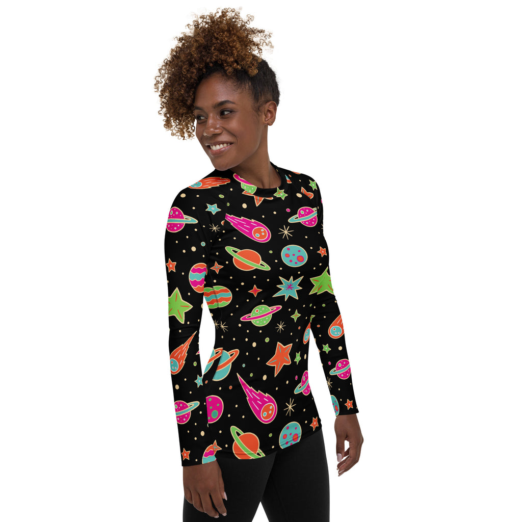 Women's Retro Neon Space Long Sleeve Rash Guard Swim Shirt – Buttery Soft, Sun Safe UPF 50+ Protection, Quick Dry & 4-Way Stretch Comfort