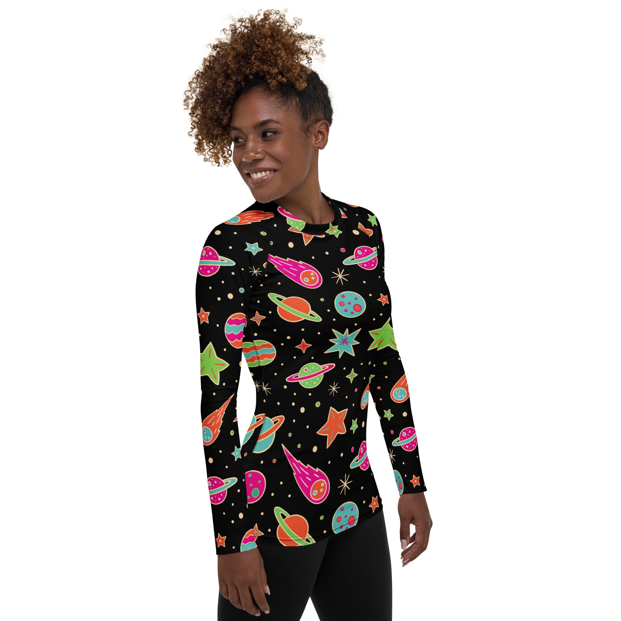 Women's Retro Neon Space Long Sleeve Rash Guard Swim Shirt – Buttery Soft, Sun Safe UPF 50+ Protection, Quick Dry & 4-Way Stretch Comfort