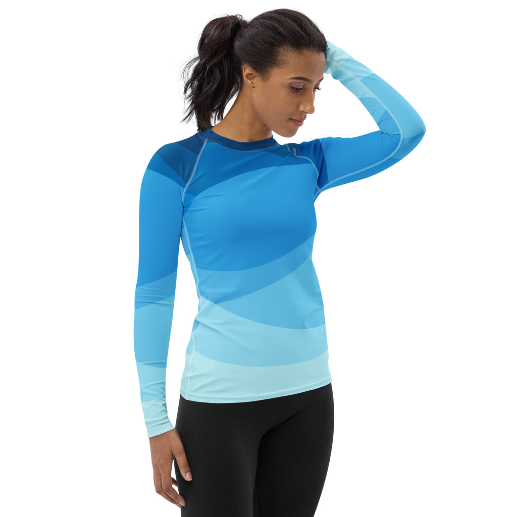 Women's Blue Ocean Waves Long Sleeve Rash Guard Swim Shirt – Buttery Soft, Sun Safe UPF 50+ Protection, Quick Dry & 4-Way Stretch Comfort
