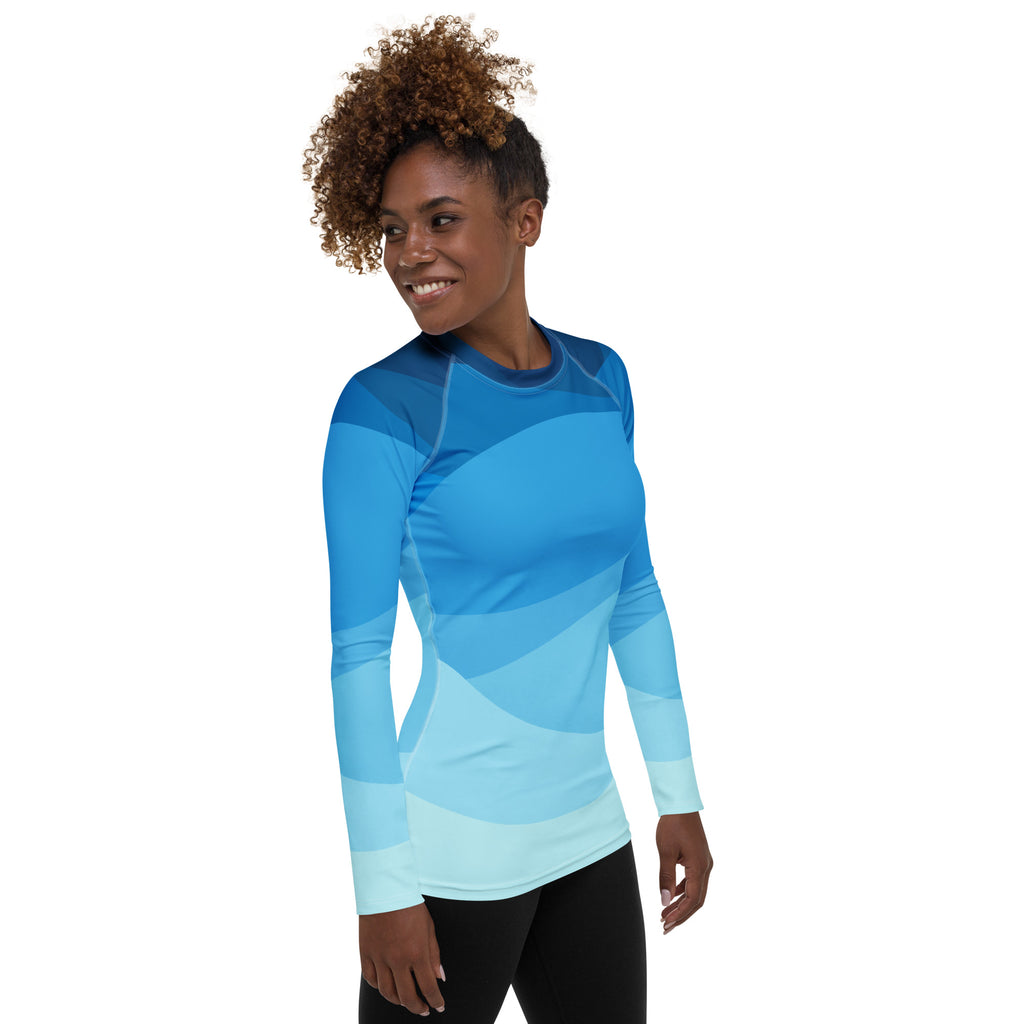 Women's Blue Ocean Waves Long Sleeve Rash Guard Swim Shirt – Buttery Soft, Sun Safe UPF 50+ Protection, Quick Dry & 4-Way Stretch Comfort