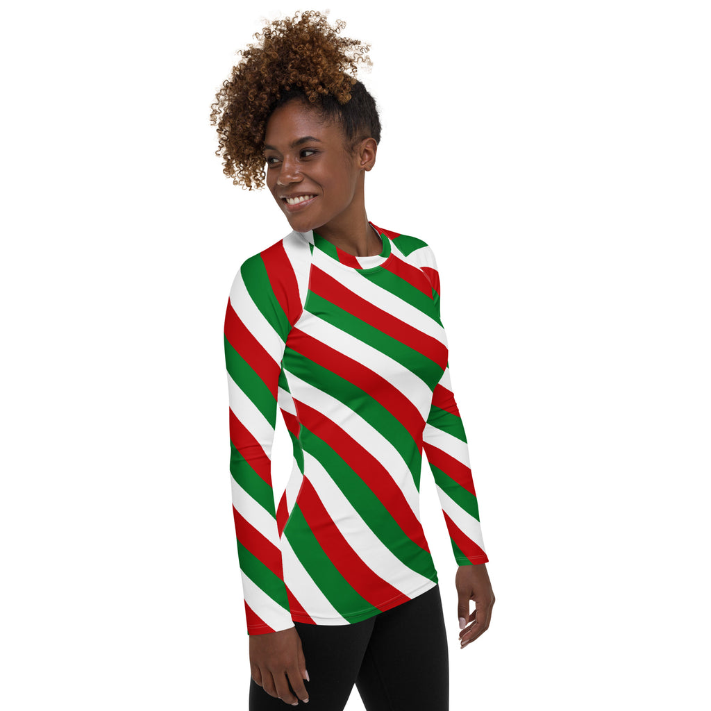 Women's Christmas Candy Cane Stripe Long Sleeve Rash Guard Swim Shirt – Buttery Soft, Sun Safe UPF 50+ Protection, Quick Dry & 4-Way Stretch Comfort