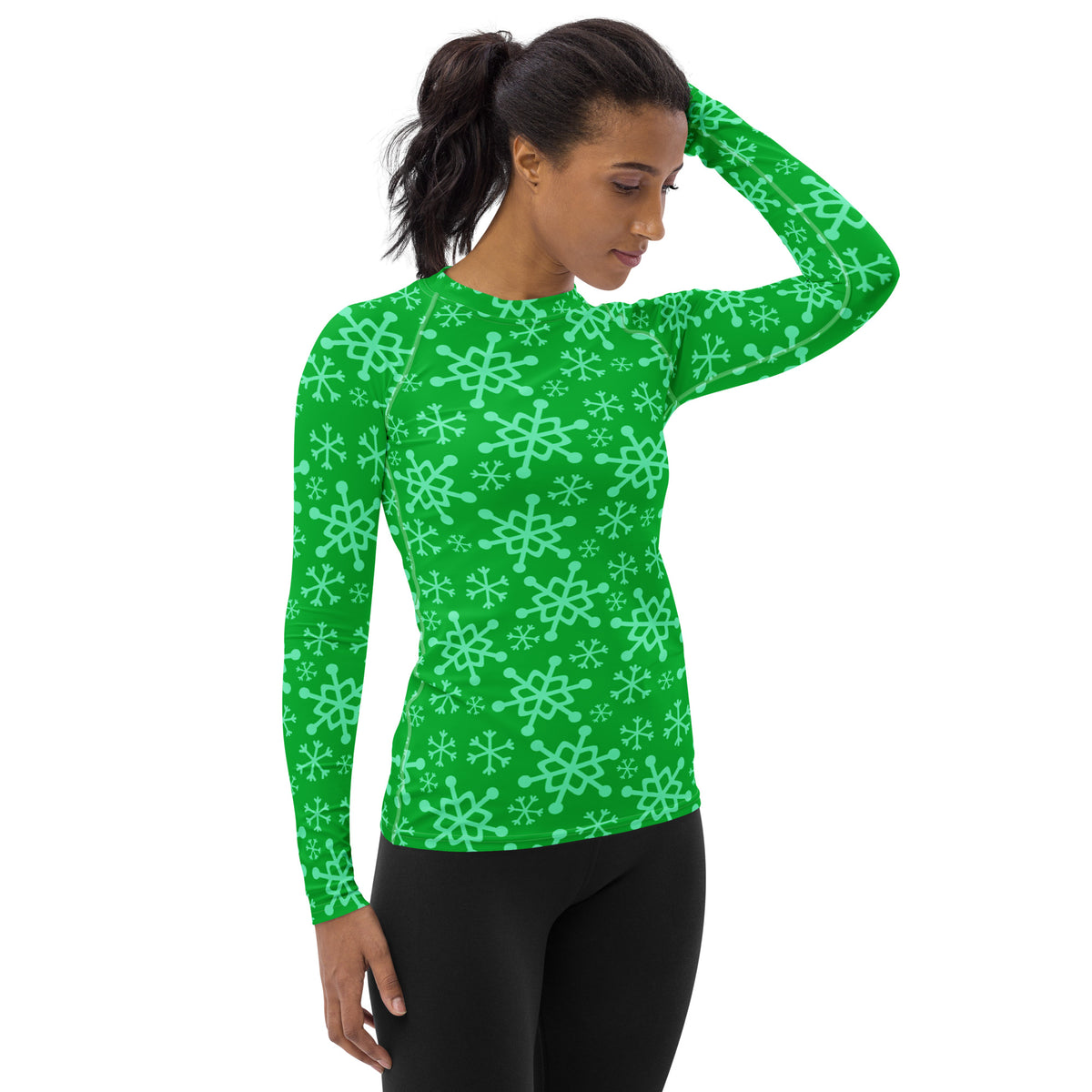 Women's Green Christmas Snowflake Long Sleeve Rash Guard Swim Shirt – Buttery Soft, Sun Safe UPF 50+ Protection, Quick Dry & 4-Way Stretch Comfort