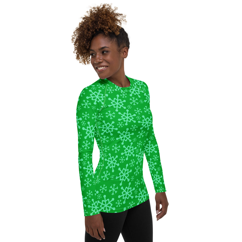 Women's Green Christmas Snowflake Long Sleeve Rash Guard Swim Shirt – Buttery Soft, Sun Safe UPF 50+ Protection, Quick Dry & 4-Way Stretch Comfort