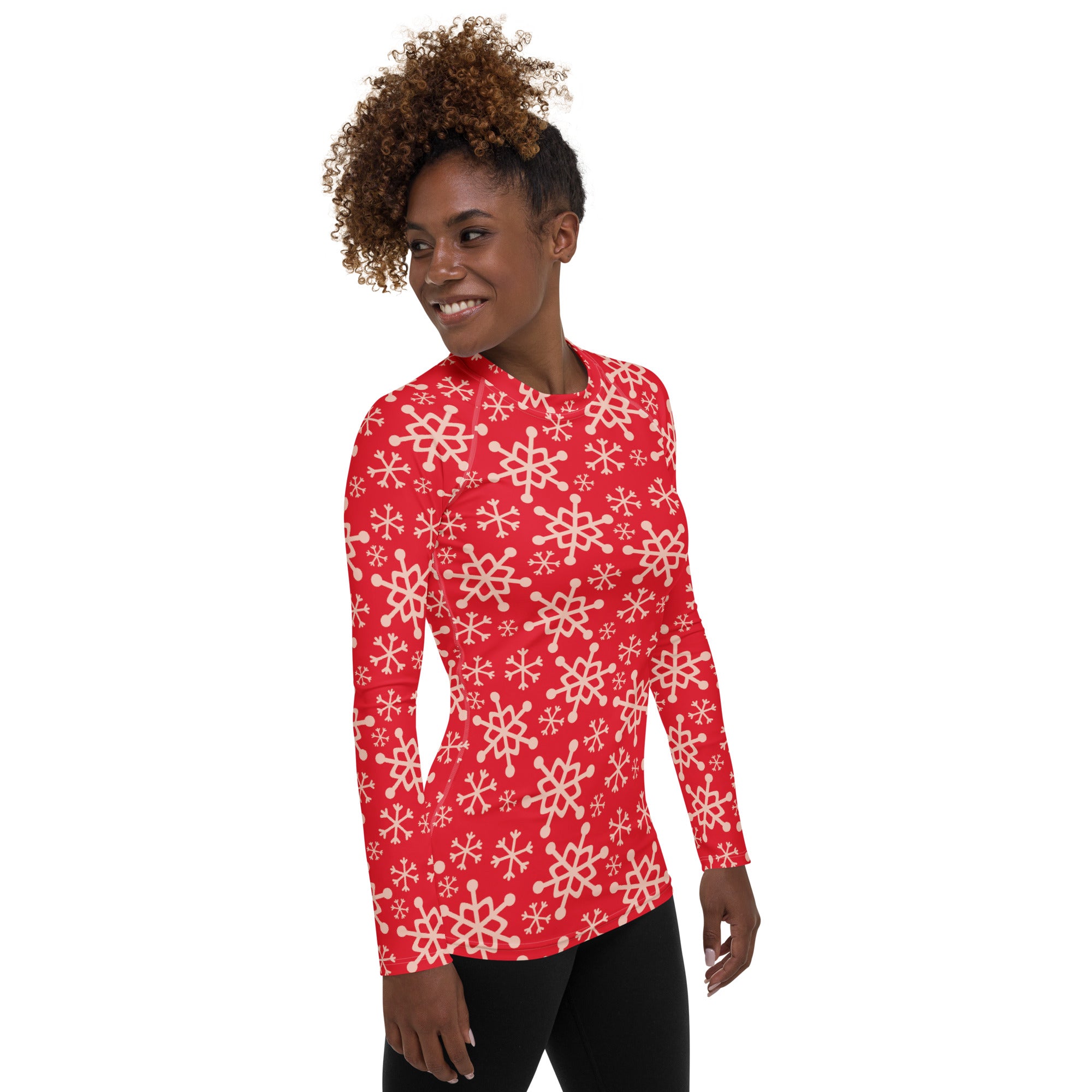Women's Red Christmas Snowflake Long Sleeve Rash Guard Swim Shirt – Buttery Soft, Sun Safe UPF 50+ Protection, Quick Dry & 4-Way Stretch Comfort