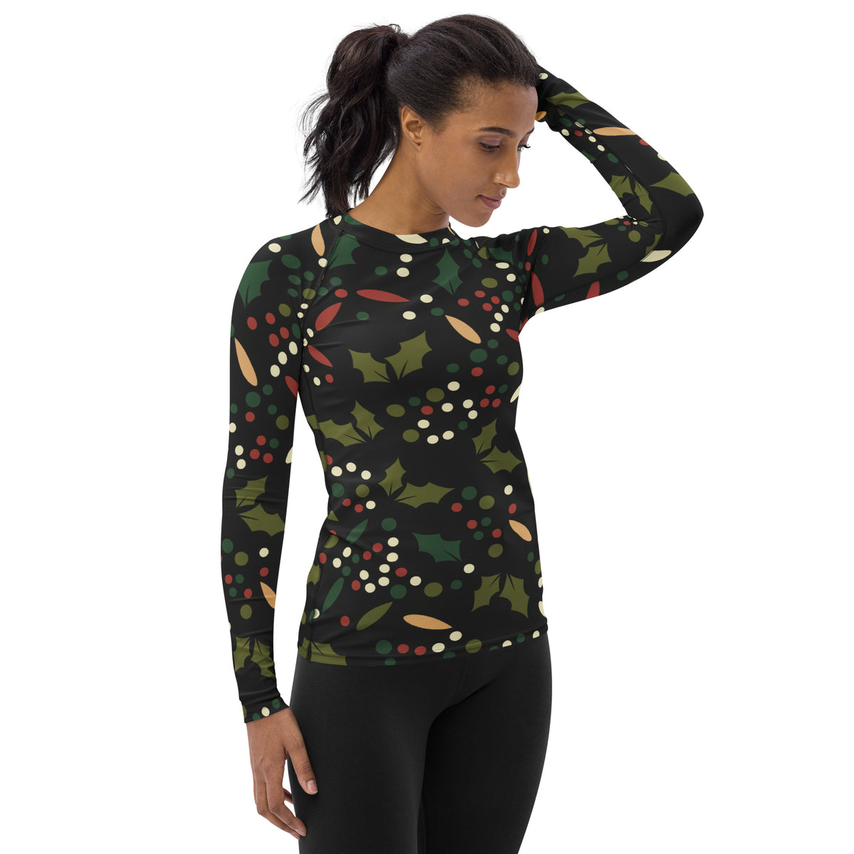 Women's Christmas Holly Berry Long Sleeve Rash Guard Swim Shirt – Buttery Soft, Sun Safe UPF 50+ Protection, Quick Dry & 4-Way Stretch Comfort