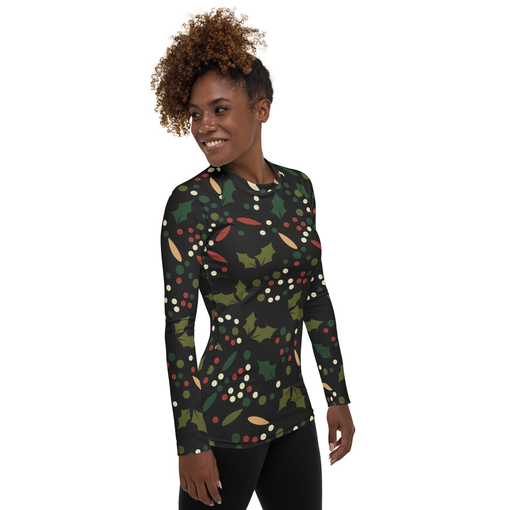 Women's Christmas Holly Berry Long Sleeve Rash Guard Swim Shirt – Buttery Soft, Sun Safe UPF 50+ Protection, Quick Dry & 4-Way Stretch Comfort