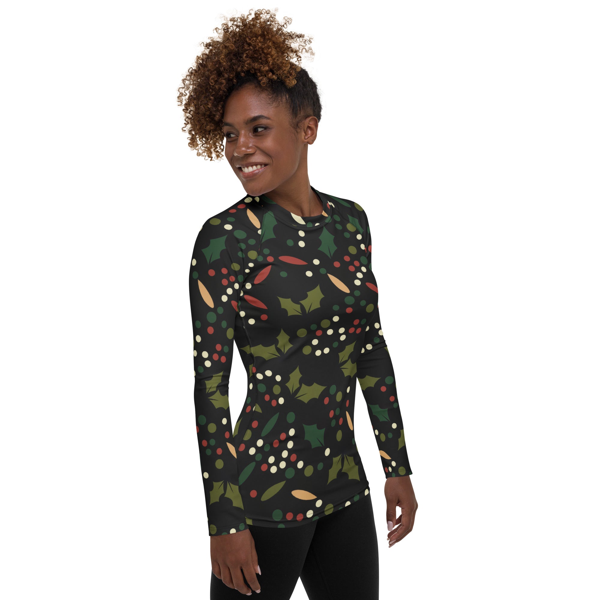 Women's Christmas Holly Berry Long Sleeve Rash Guard Swim Shirt – Buttery Soft, Sun Safe UPF 50+ Protection, Quick Dry & 4-Way Stretch Comfort