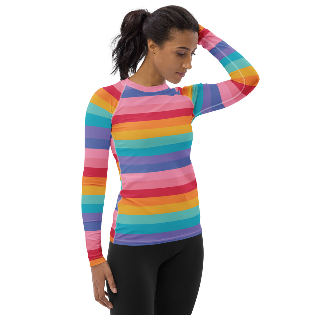 Women's Bright Striped Rainbow Long Sleeve Rash Guard Swim Shirt – Buttery Soft, Sun Safe UPF 50+ Protection, Quick Dry & 4-Way Stretch Comfort