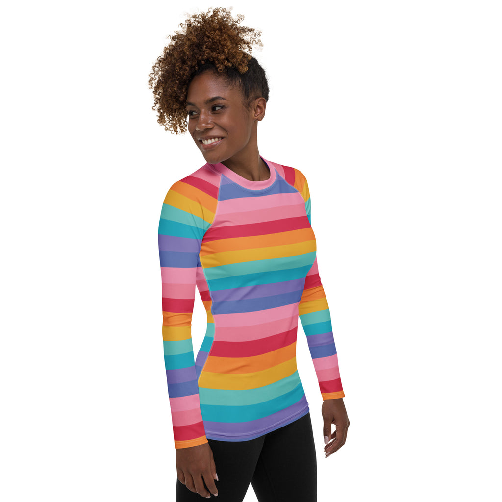 Women's Bright Striped Rainbow Long Sleeve Rash Guard Swim Shirt – Buttery Soft, Sun Safe UPF 50+ Protection, Quick Dry & 4-Way Stretch Comfort
