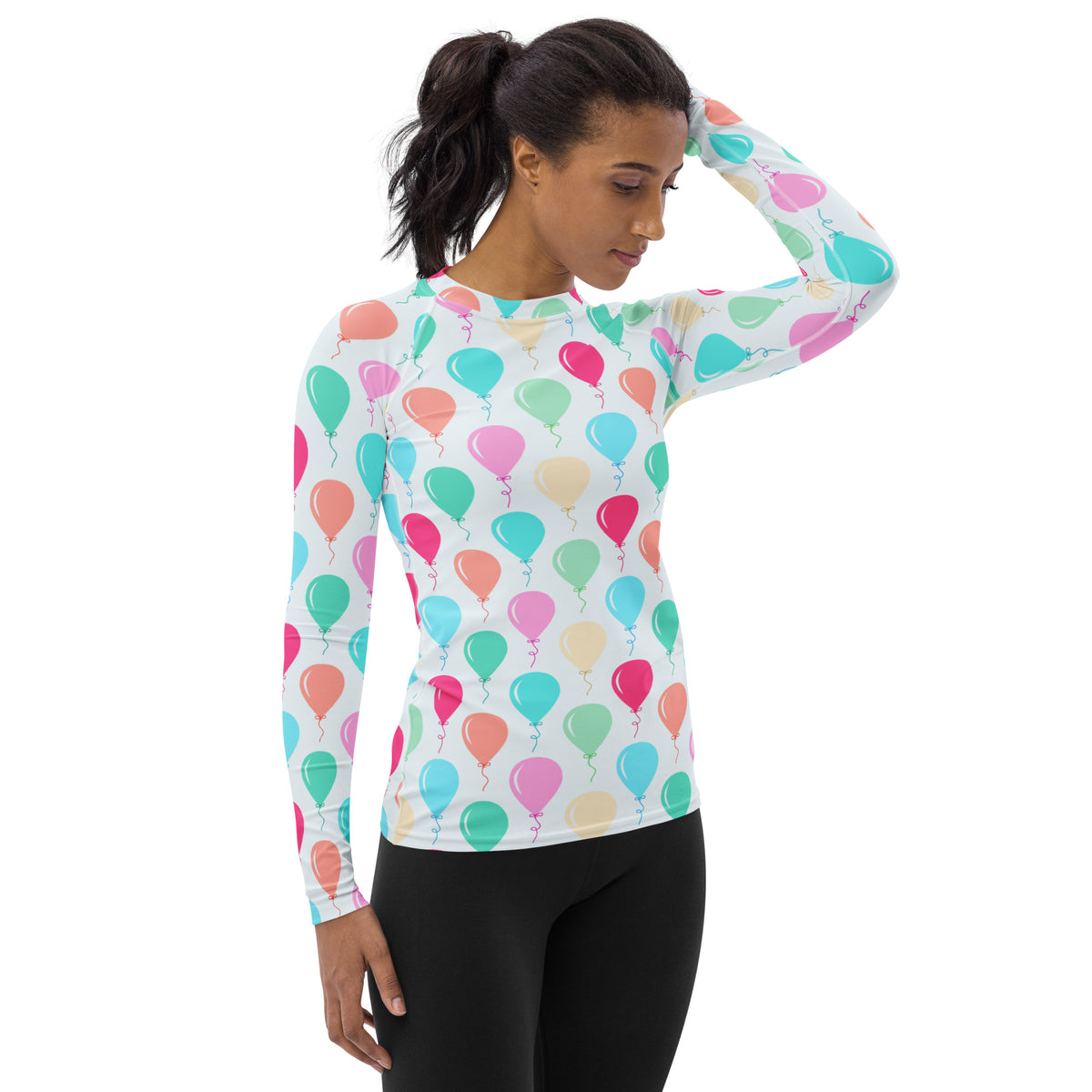 Women's Rainbow Birthday Balloons Long Sleeve Rash Guard Swim Shirt – Buttery Soft, Sun Safe UPF 50+ Protection, Quick Dry & 4-Way Stretch Comfort