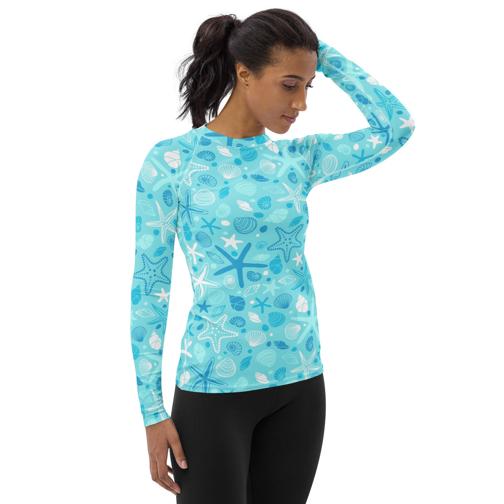 Women's Starfish & Shells Long Sleeve Rash Guard Swim Shirt – Buttery Soft, Sun Safe UPF 50+ Protection, Quick Dry & 4-Way Stretch Comfort