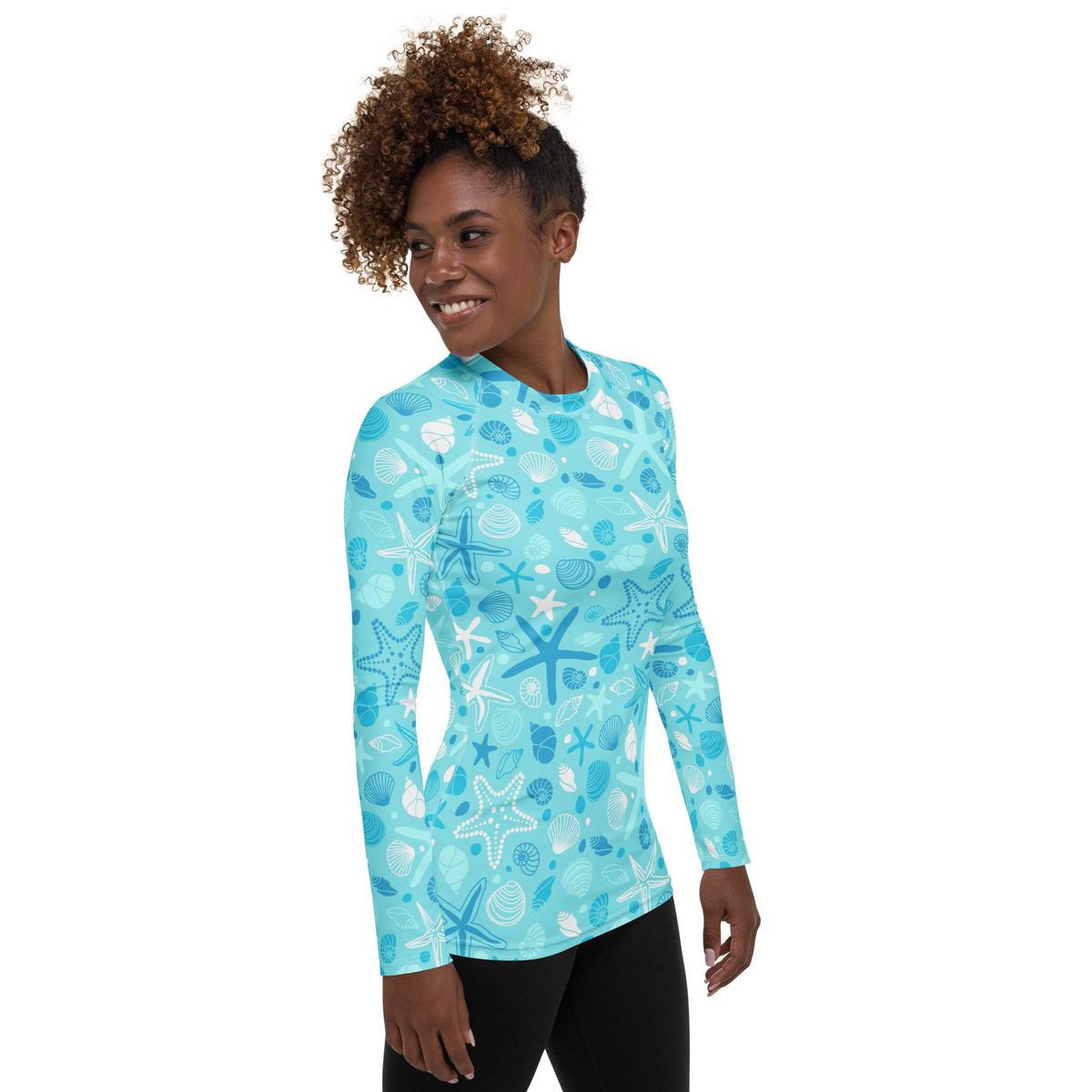 Women's Starfish & Shells Long Sleeve Rash Guard Swim Shirt – Buttery Soft, Sun Safe UPF 50+ Protection, Quick Dry & 4-Way Stretch Comfort