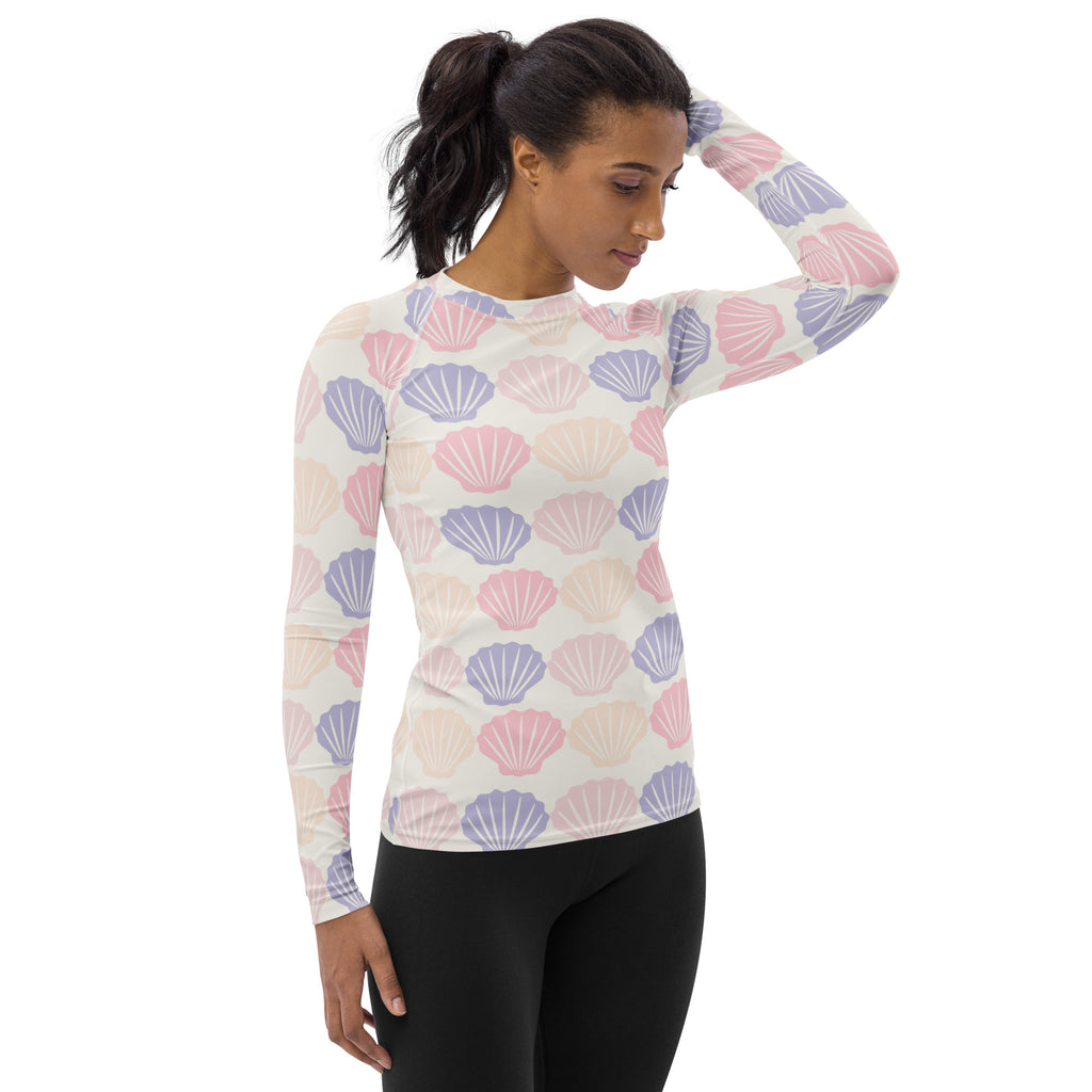 Women's Pastel Seashell Long Sleeve Rash Guard Swim Shirt – Buttery Soft, Sun Safe UPF 50+ Protection, Quick Dry & 4-Way Stretch Comfort