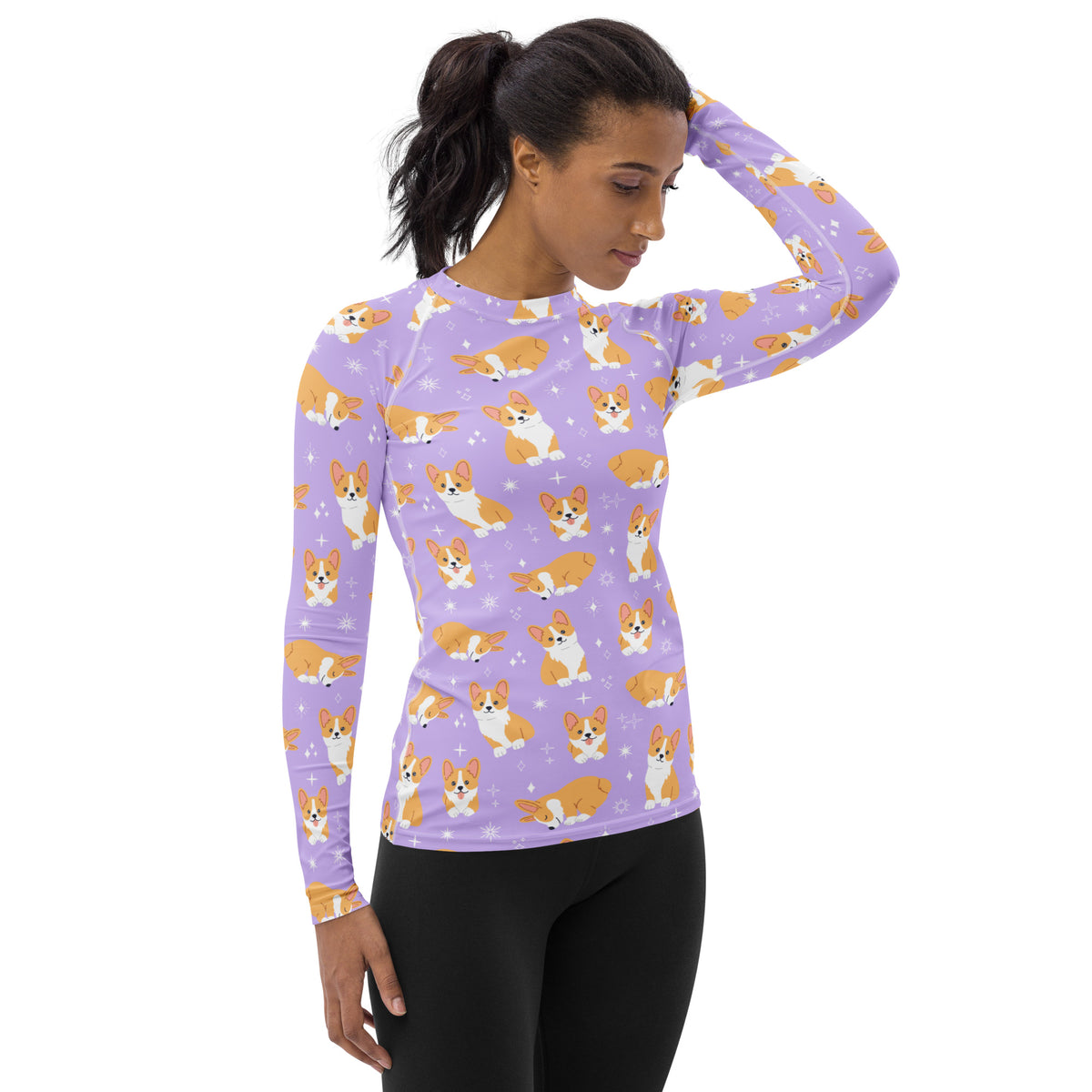Women's Purple Corgi Dog Long Sleeve Rash Guard Swim Shirt – Buttery Soft, Sun Safe UPF 50+ Protection, Quick Dry & 4-Way Stretch Comfort