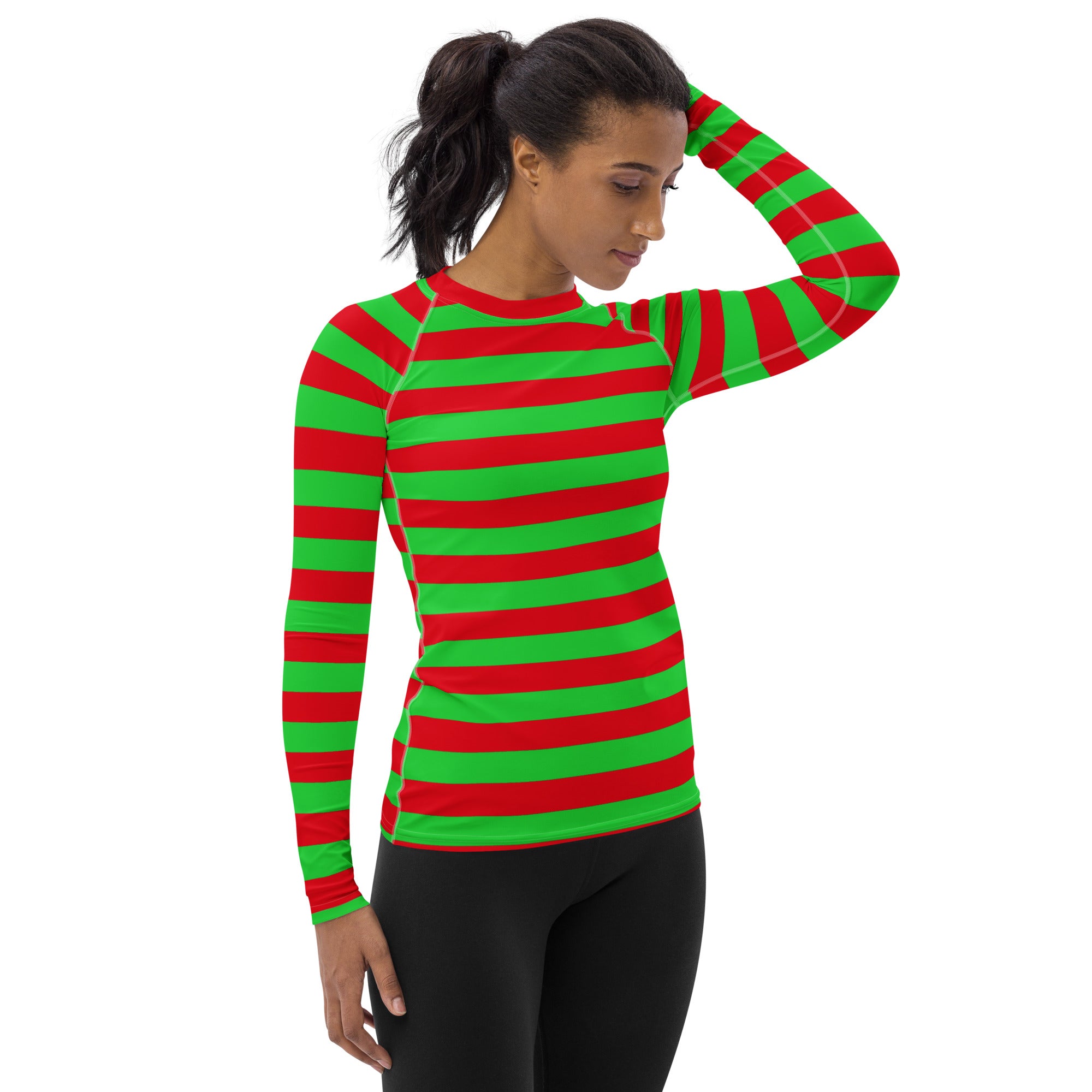 Women's Red & Green Striped Christmas Long Sleeve Rash Guard Swim Shirt – Buttery Soft, Sun Safe UPF 50+ Protection, Quick Dry & 4-Way Stretch Comfort