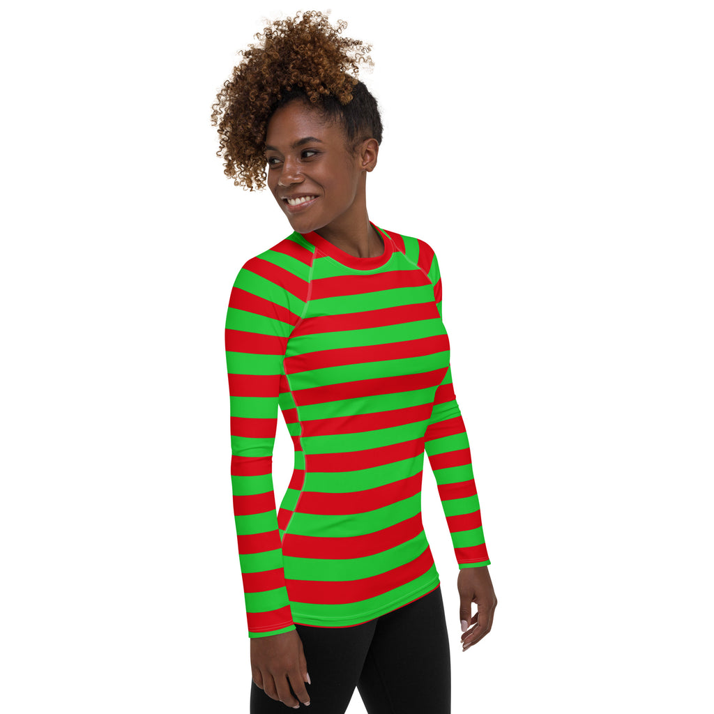 Women's Red & Green Striped Christmas Long Sleeve Rash Guard Swim Shirt – Buttery Soft, Sun Safe UPF 50+ Protection, Quick Dry & 4-Way Stretch Comfort