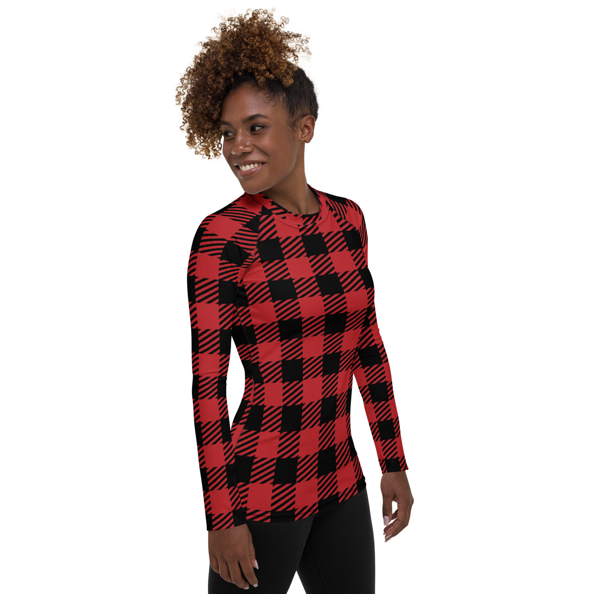 Women's Red & Black Buffalo Plaid Christmas Long Sleeve Rash Guard Swim Shirt – Buttery Soft, Sun Safe UPF 50+ Protection, Quick Dry & 4-Way Stretch Comfort