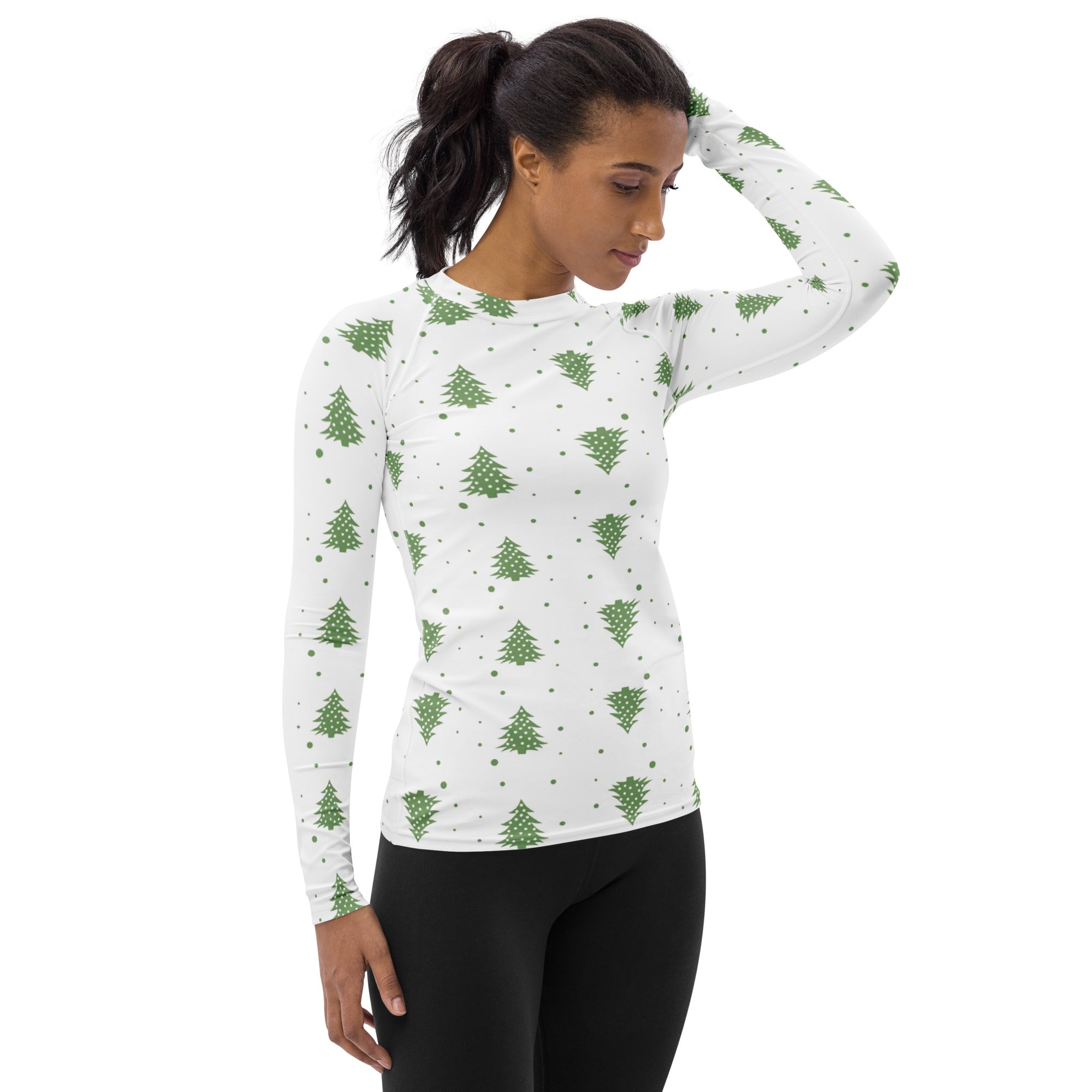 Women's Green Christmas Tree Long Sleeve Rash Guard Swim Shirt – Buttery Soft, Sun Safe UPF 50+ Protection, Quick Dry & 4-Way Stretch Comfort