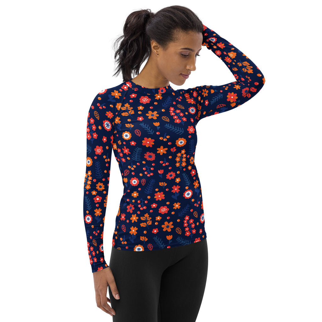Women's Navy Floral Long Sleeve Rash Guard Swim Shirt – Buttery Soft, Sun Safe UPF 50+ Protection, Quick Dry & 4-Way Stretch Comfort