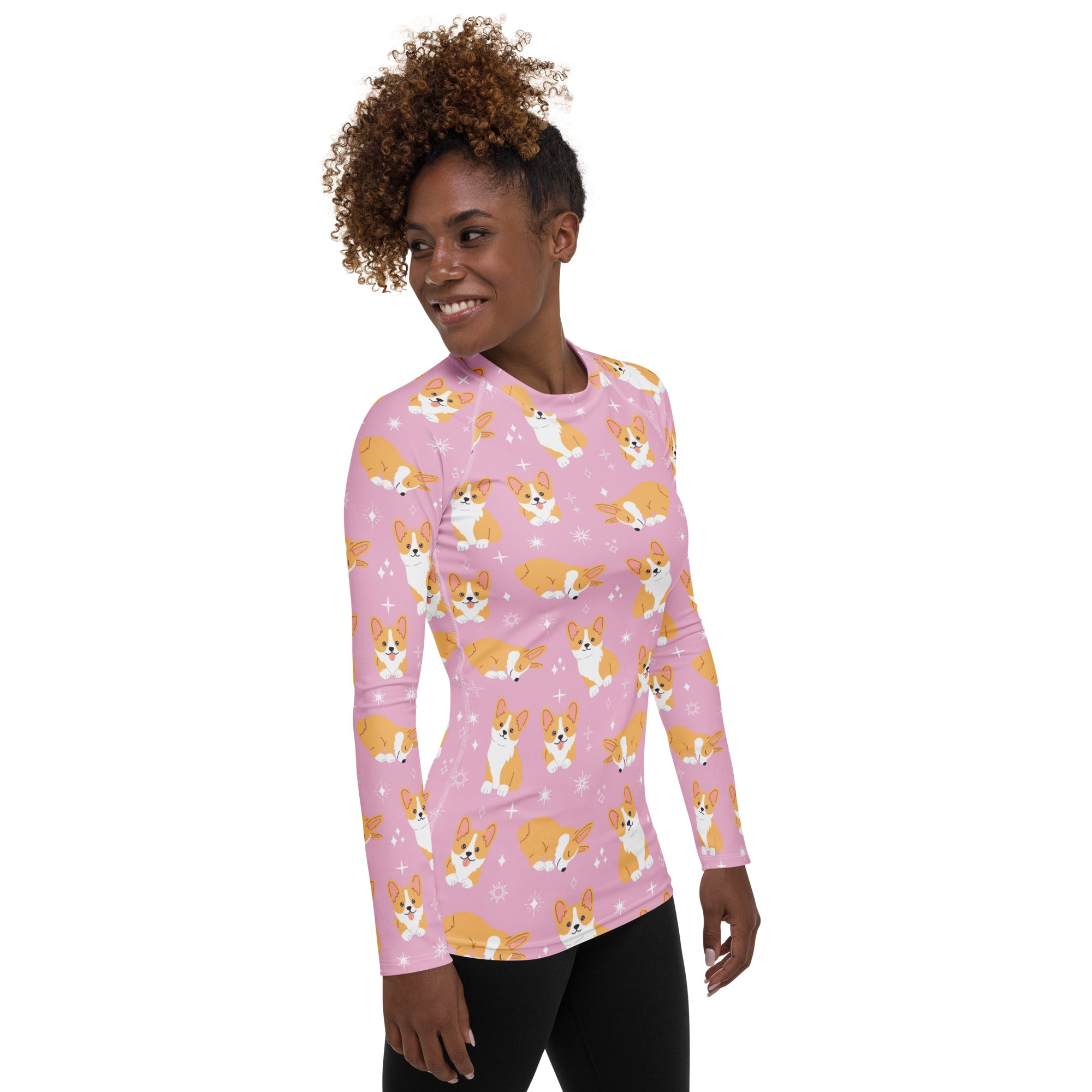 Women's Pink Corgi Dog Long Sleeve Rash Guard Swim Shirt – Buttery Soft, Sun Safe UPF 50+ Protection, Quick Dry & 4-Way Stretch Comfort