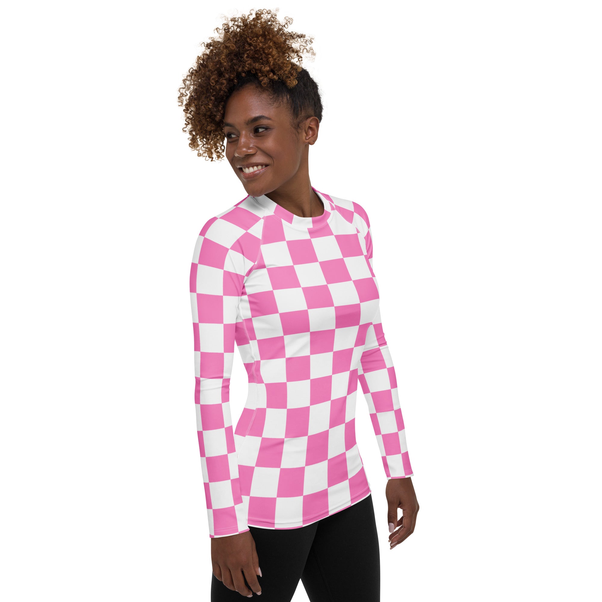 Women's Pink Checkerboard Long Sleeve Rash Guard Swim Shirt – Buttery Soft, Sun Safe UPF 50+ Protection, Quick Dry & 4-Way Stretch Comfort