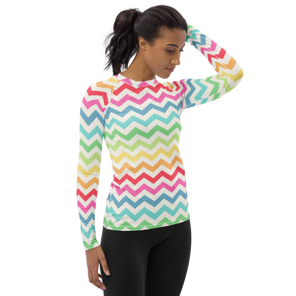 Women's Coastal Rainbow Chevron Long Sleeve Rash Guard Swim Shirt – Buttery Soft, Sun Safe UPF 50+ Protection, Quick Dry & 4-Way Stretch Comfort