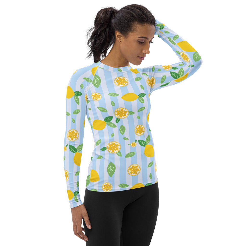 Women's Lemon Stripe Long Sleeve Rash Guard Swim Shirt – Buttery Soft, Sun Safe UPF 50+ Protection, Quick Dry & 4-Way Stretch Comfort