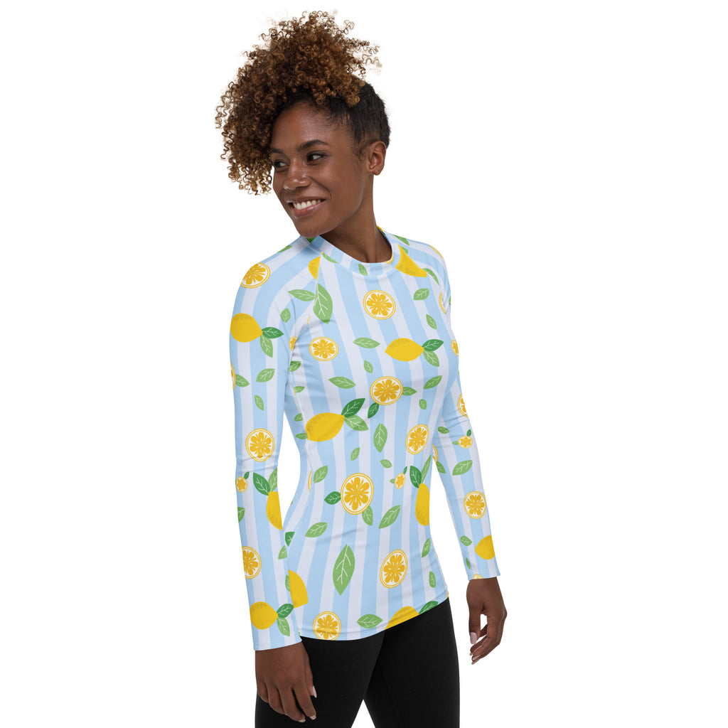 Women's Lemon Stripe Long Sleeve Rash Guard Swim Shirt – Buttery Soft, Sun Safe UPF 50+ Protection, Quick Dry & 4-Way Stretch Comfort