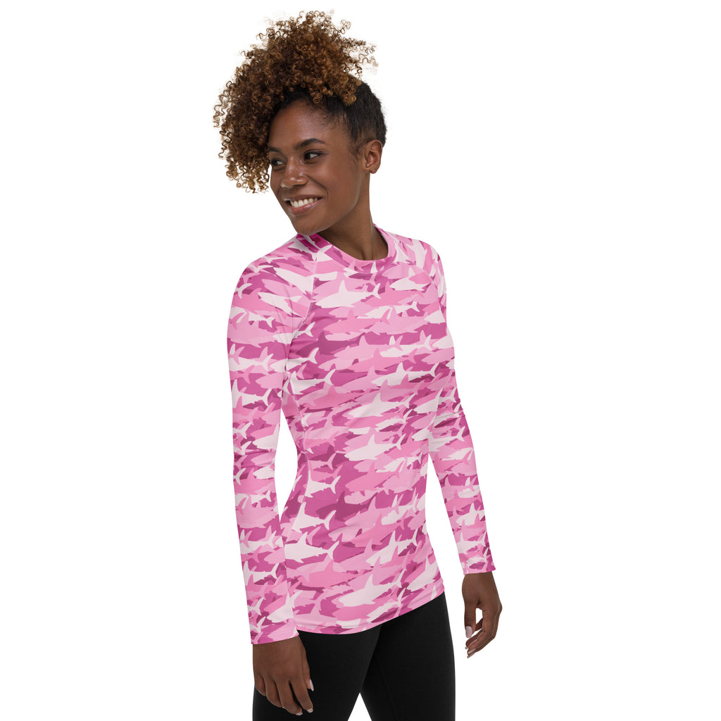 Women's Pink Shark Camouflage Long Sleeve Rash Guard Swim Shirt – Buttery Soft, Sun Safe UPF 50+ Protection, Quick Dry & 4-Way Stretch Comfort