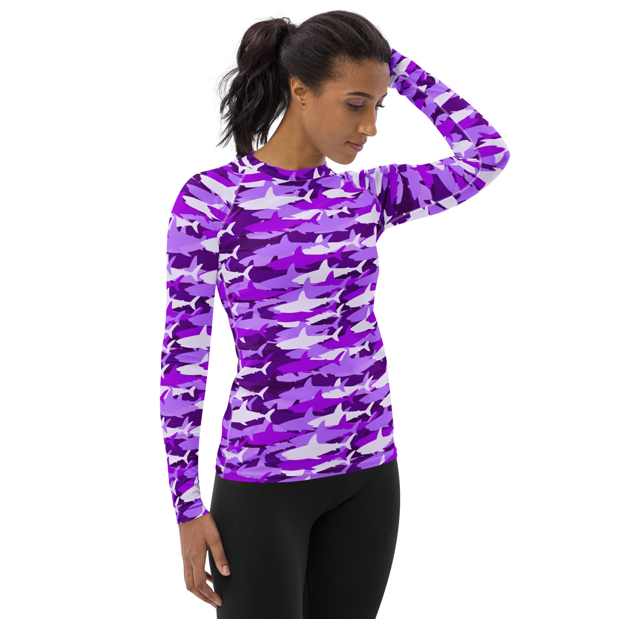 Women's Purple Shark Camouflage Long Sleeve Rash Guard Swim Shirt – Buttery Soft, Sun Safe UPF 50+ Protection, Quick Dry & 4-Way Stretch Comfort