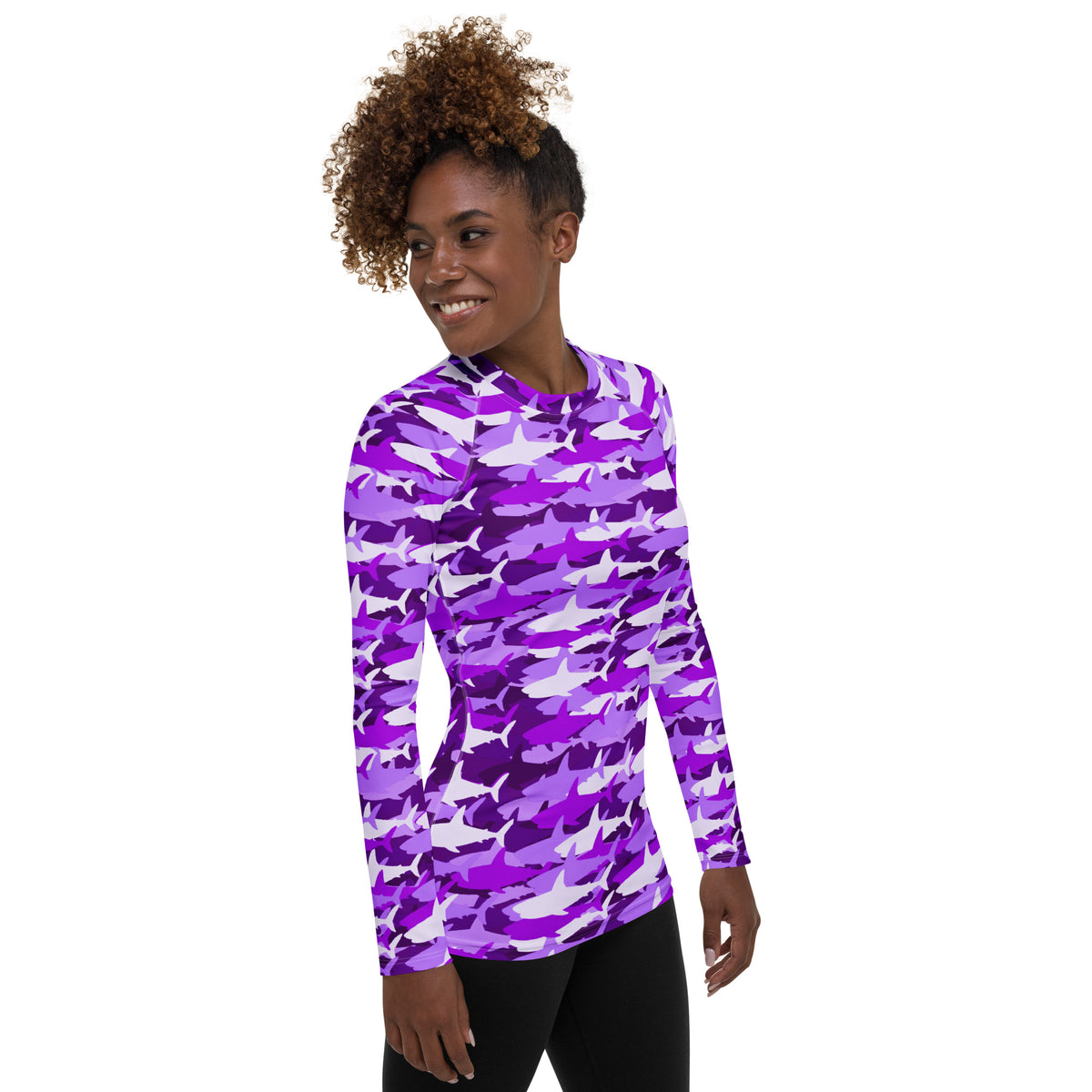 Women's Purple Shark Camouflage Long Sleeve Rash Guard Swim Shirt – Buttery Soft, Sun Safe UPF 50+ Protection, Quick Dry & 4-Way Stretch Comfort