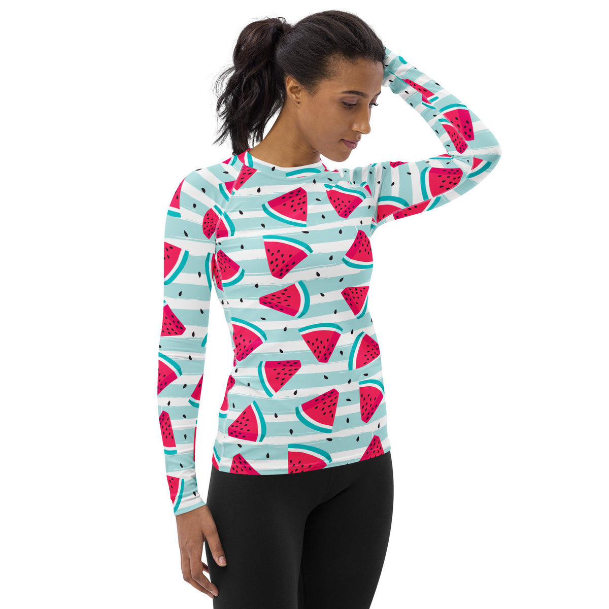 Women's Watermelon Stripe Long Sleeve Rash Guard Swim Shirt – Buttery Soft, Sun Safe UPF 50+ Protection, Quick Dry & 4-Way Stretch Comfort