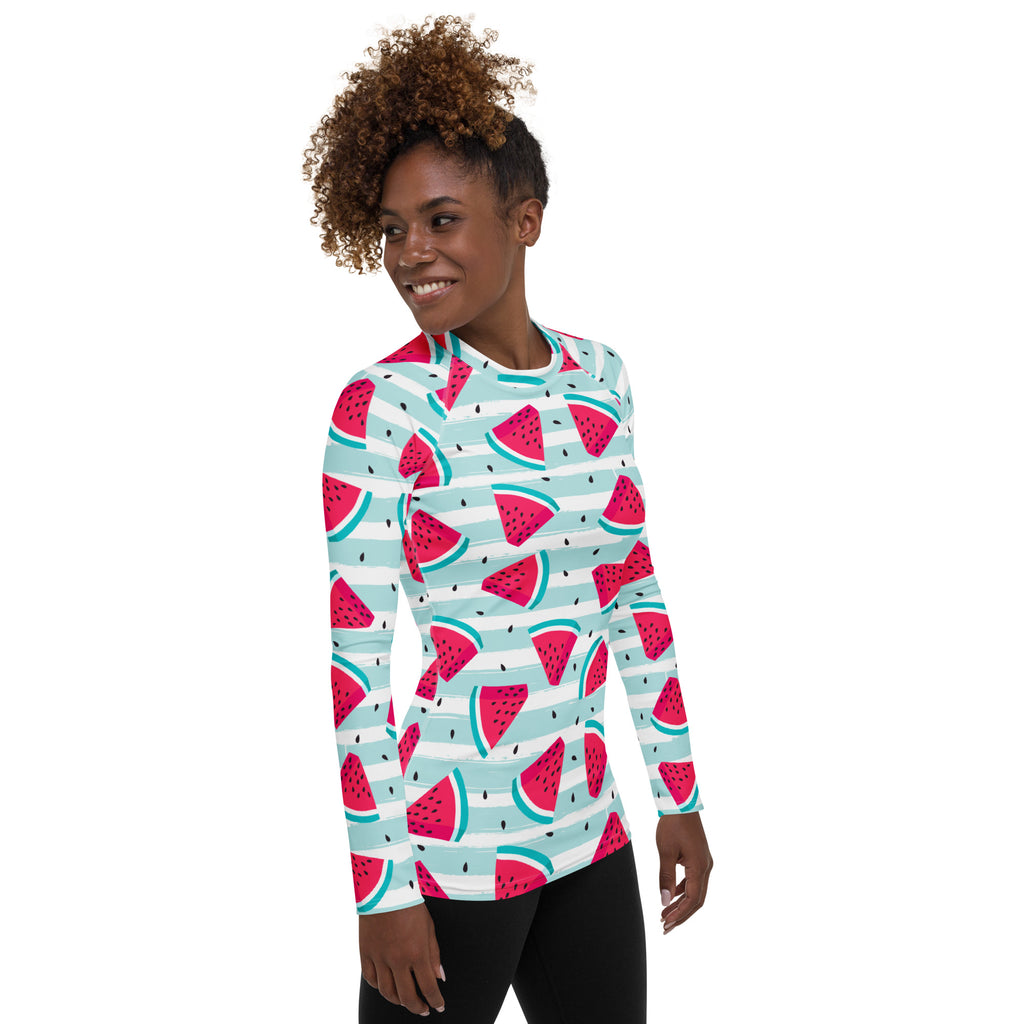 Women's Watermelon Stripe Long Sleeve Rash Guard Swim Shirt – Buttery Soft, Sun Safe UPF 50+ Protection, Quick Dry & 4-Way Stretch Comfort